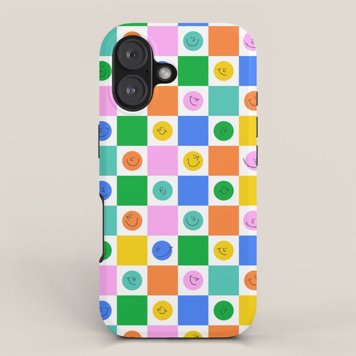 Colorful happy face checkered pattern art iPhone Case Gallery Image 1