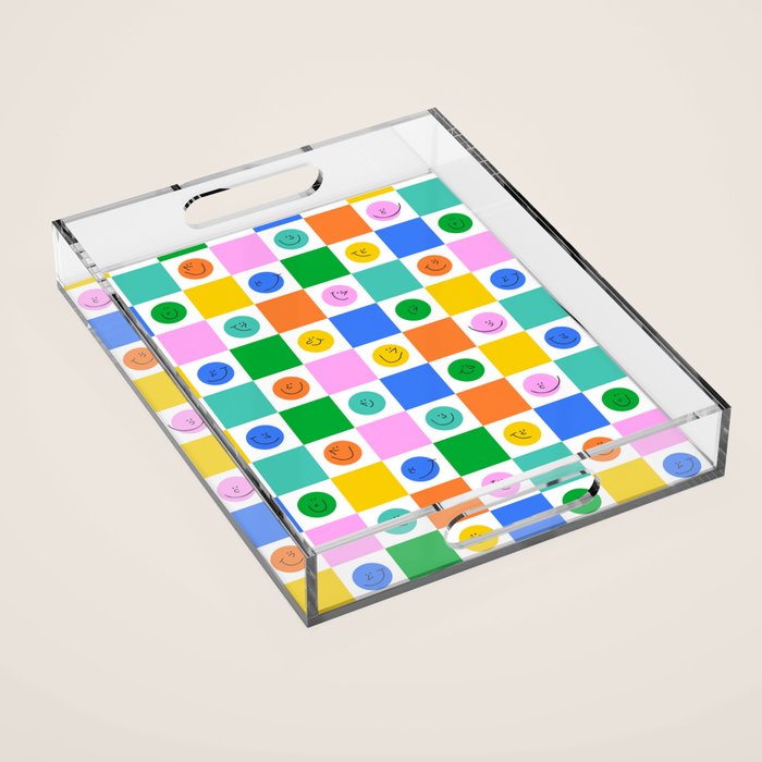 Colorful happy face checkered pattern art Acrylic Tray Gallery Image 1