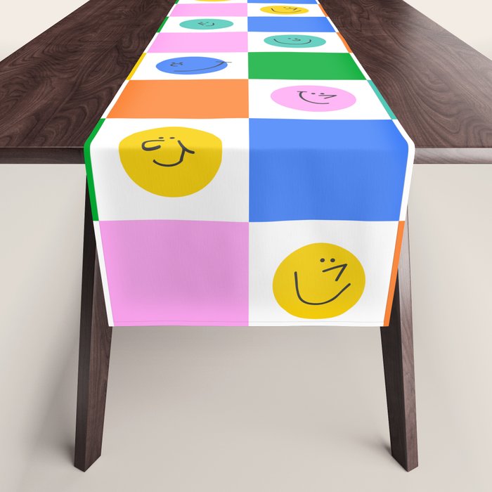 Colorful happy face checkered pattern art Table Runner Gallery Image 1
