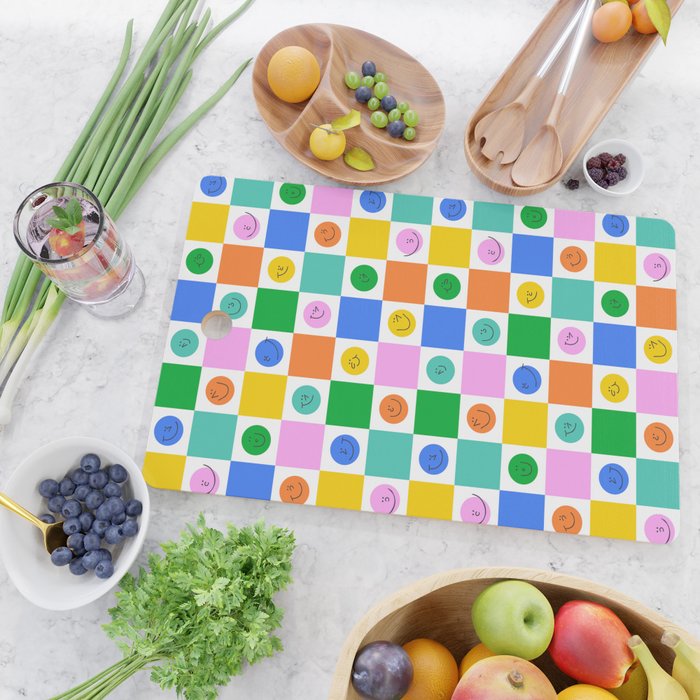 Colorful happy face checkered pattern art Cutting Board Gallery Image 2