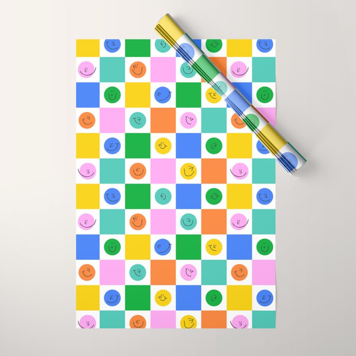 Colorful happy face checkered pattern art Wrapping Paper Gallery Image 1