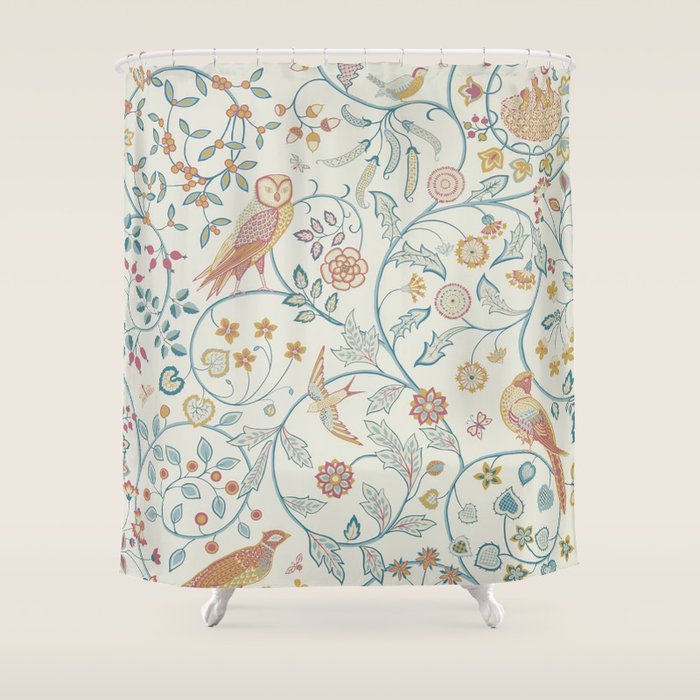 William Morris Newill Owl Art Indigo Saffron Vintage Pattern Shower Curtain Gallery Image 1
