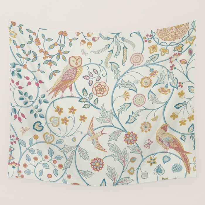 William Morris Newill Owl Art Indigo Saffron Vintage Pattern Wall Tapestry Gallery Image 4