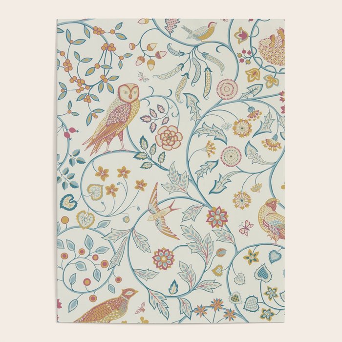 William Morris Newill Owl Art Indigo Saffron Vintage Pattern Poster Gallery Image 1