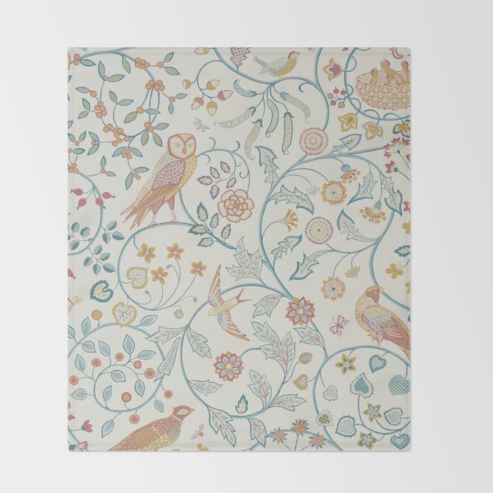 William Morris Newill Owl Art Indigo Saffron Vintage Pattern Throw Blanket Gallery Image 2