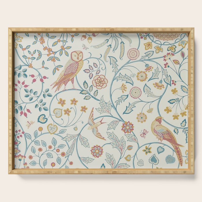 William Morris Newill Owl Art Indigo Saffron Vintage Pattern Serving Tray Gallery Image 1