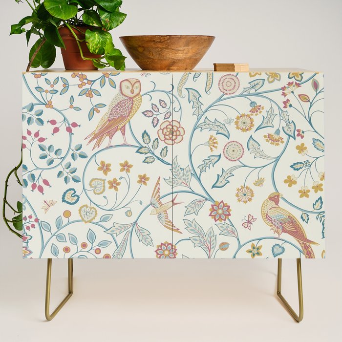 William Morris Newill Owl Art Indigo Saffron Vintage Pattern Credenza Gallery Image 1