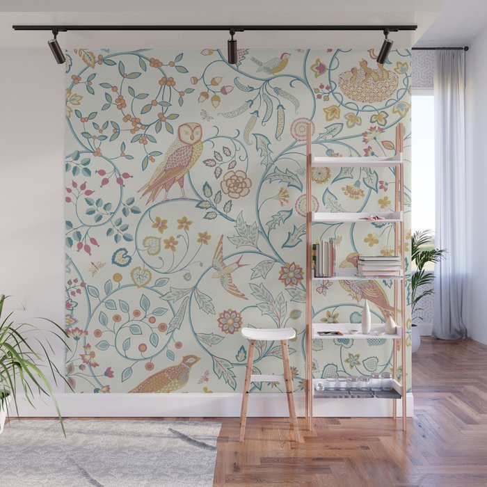 William Morris Newill Owl Art Indigo Saffron Vintage Pattern Wall Mural Gallery Image 1