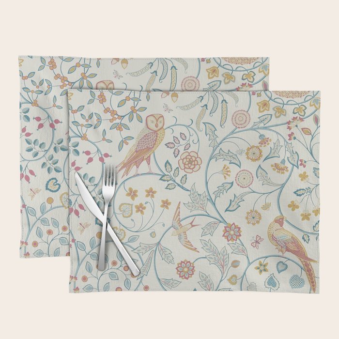 William Morris Newill Owl Art Indigo Saffron Vintage Pattern Placemat Gallery Image 1