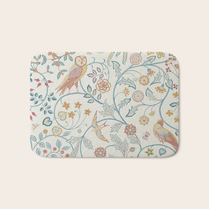 William Morris Newill Owl Art Indigo Saffron Vintage Pattern Bath Mat Gallery Image 1