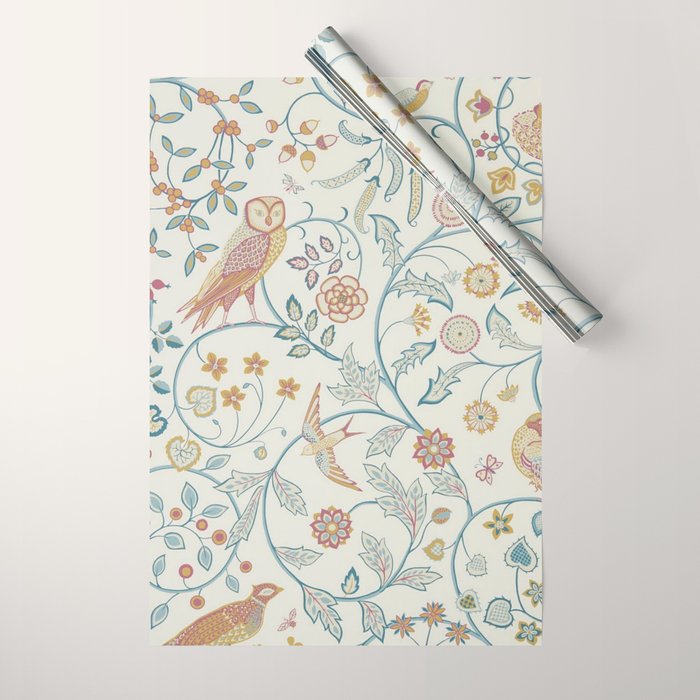 William Morris Newill Owl Art Indigo Saffron Vintage Pattern Wrapping Paper Gallery Image 1