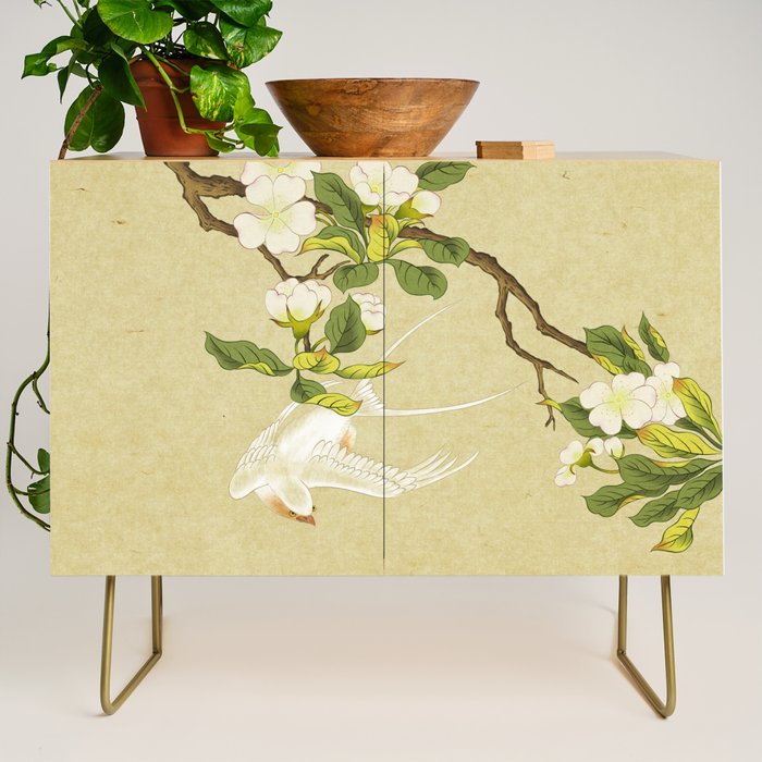 Pear blossoms and white swallow Type A: Minhwa-Korean traditional/folk art Credenza Gallery Image 1