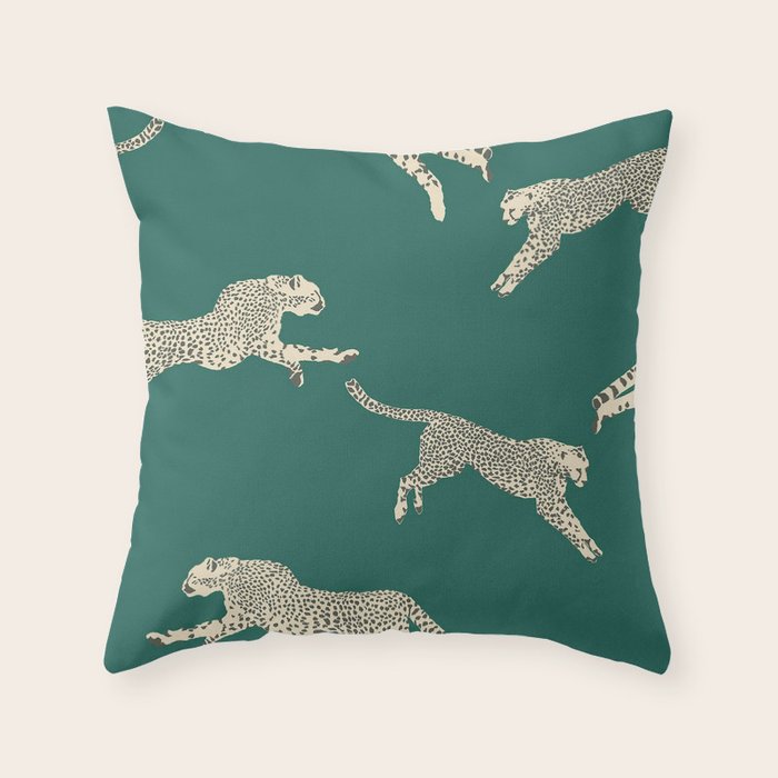 Leaping Cheetah Emerald Throw Pillow Gallery Image 1