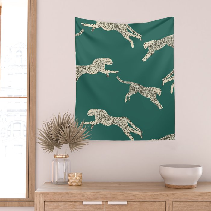 Leaping Cheetah Emerald Wall Tapestry Gallery Image 2