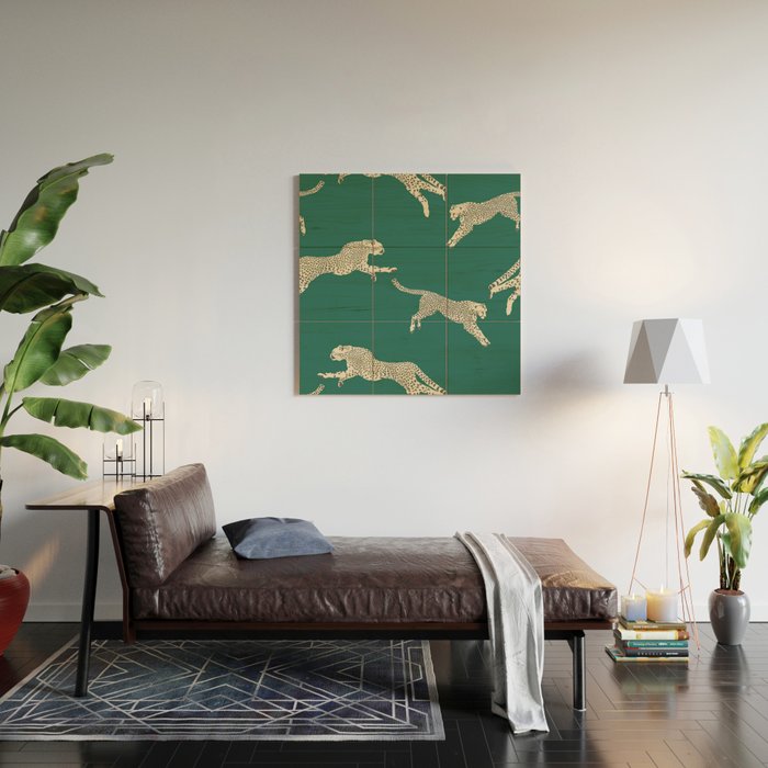 Leaping Cheetah Emerald Wood Wall Art Gallery Image 2