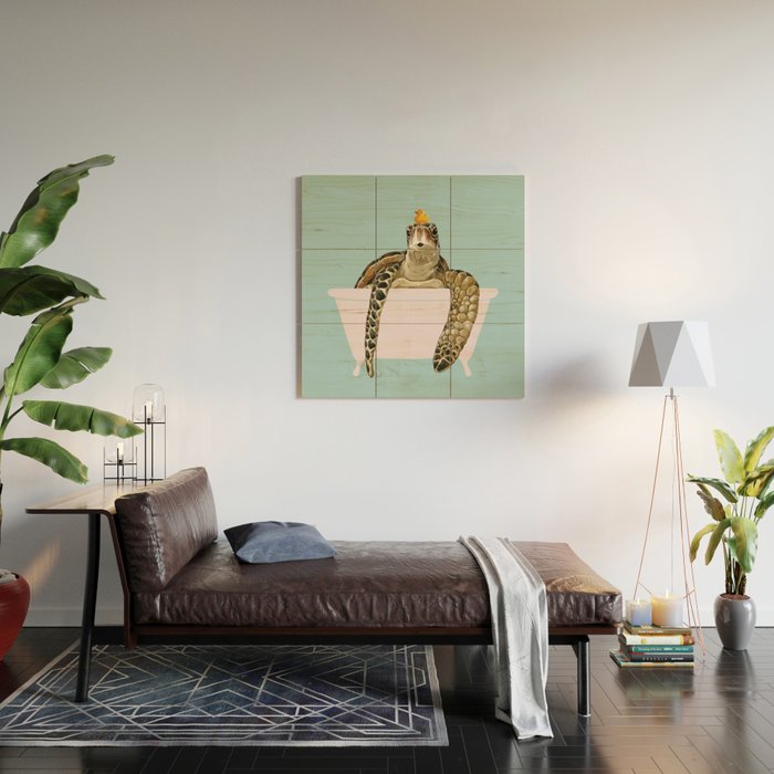 Sea Turtle in Bathtub in Blue Wood Wall Art Gallery Image 2