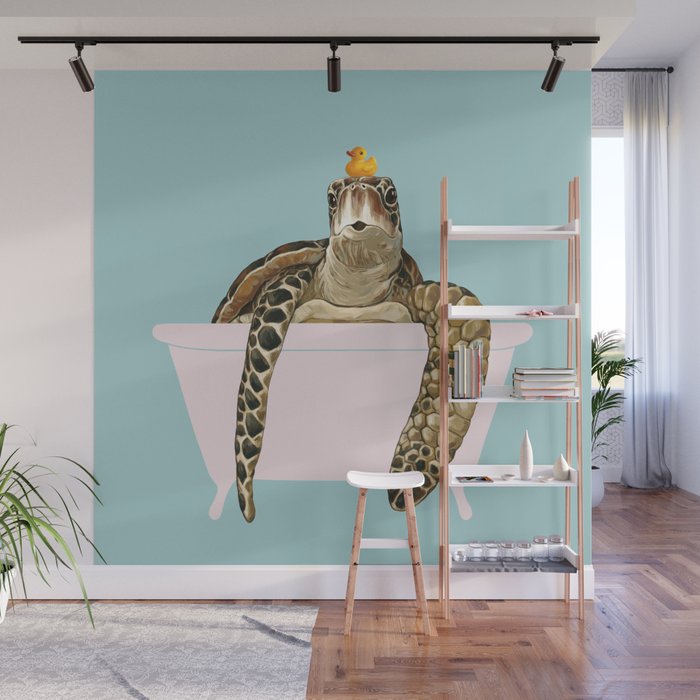 Sea Turtle in Bathtub in Blue Wall Mural Gallery Image 1