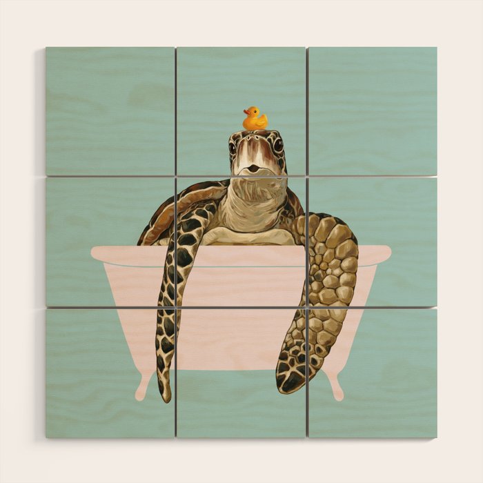 Sea Turtle in Bathtub in Blue Wood Wall Art Gallery Image 1