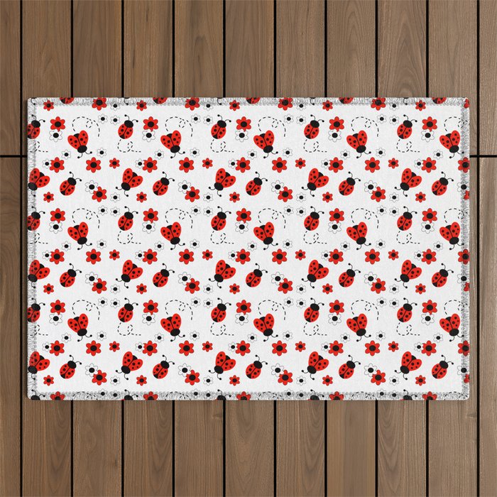 Red Ladybug Floral Pattern Outdoor Rug Gallery Image 1