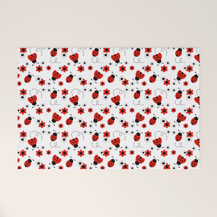 Red Ladybug Floral Pattern Welcome Mat Gallery Image 1