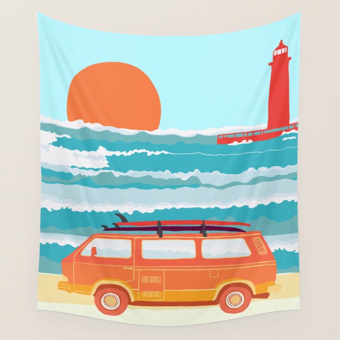 Great Lakes Surf Sunset Wall Tapestry Gallery Image 4