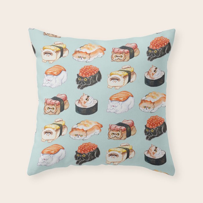 Sushi Persian Cat Watercolor Throw Pillow Gallery Image 1