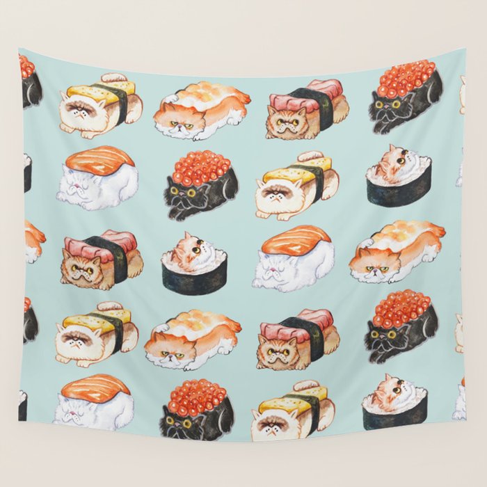 Sushi Persian Cat Watercolor Wall Tapestry Gallery Image 4