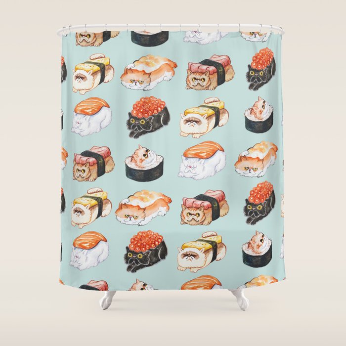 Sushi Persian Cat Watercolor Shower Curtain Gallery Image 1