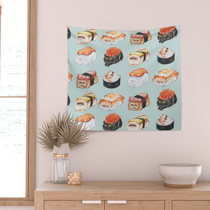 Sushi Persian Cat Watercolor Wall Tapestry Gallery Image 2
