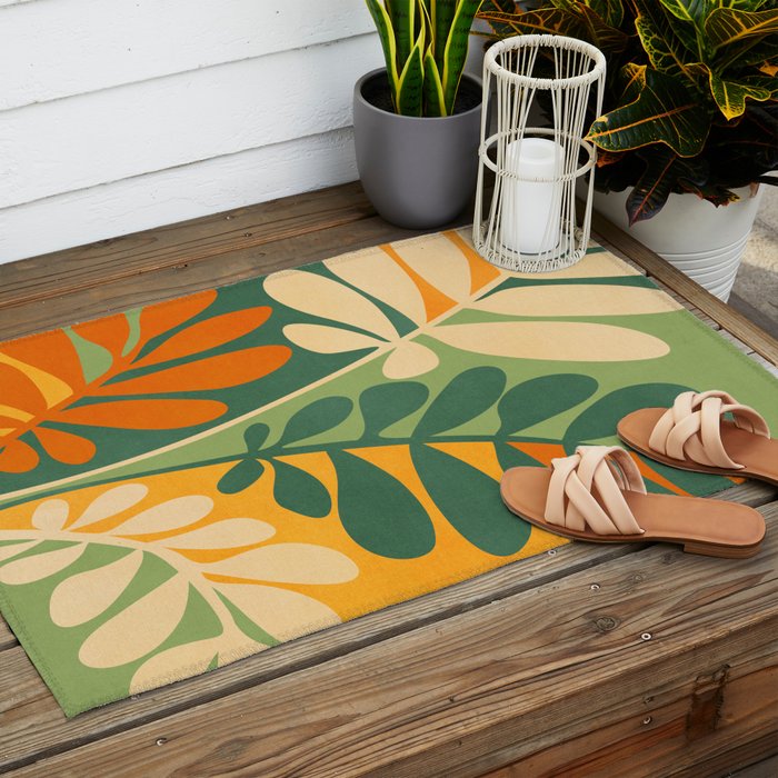 Retro Earthy Floral in Green and Orange Outdoor Rug Gallery Image 2
