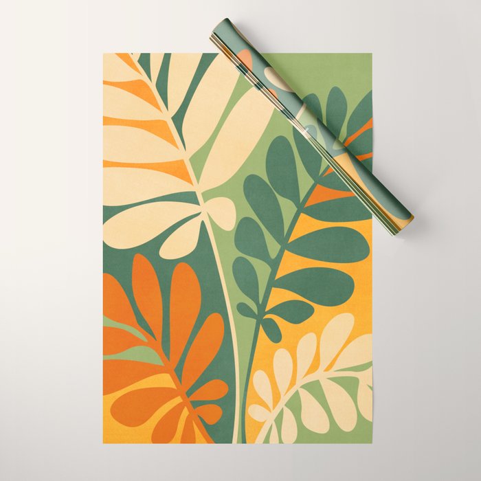 Retro Earthy Floral in Green and Orange Wrapping Paper Gallery Image 1