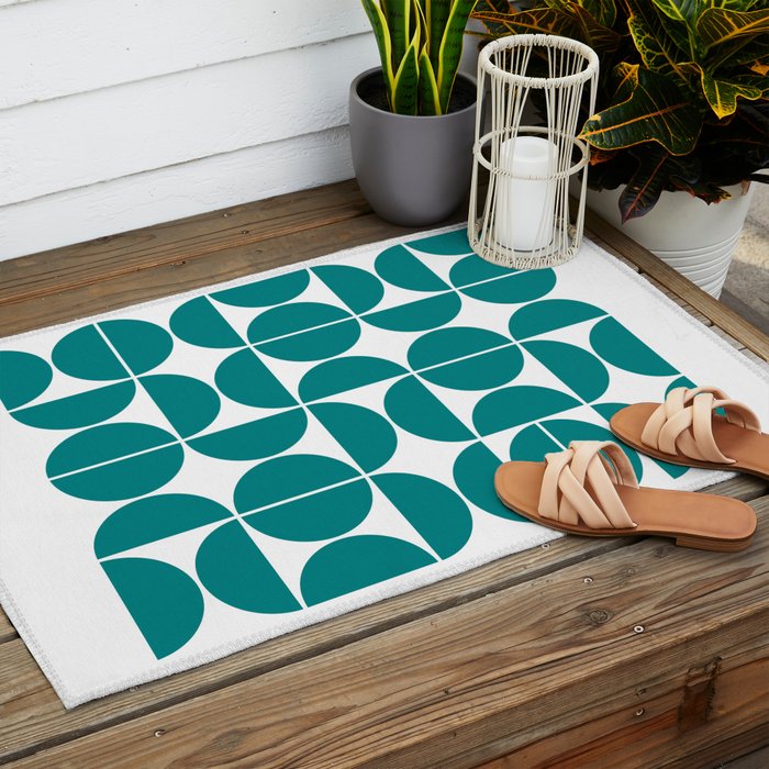 Mid Century Modern Geometric 04 Teal Outdoor Rug Gallery Image 2