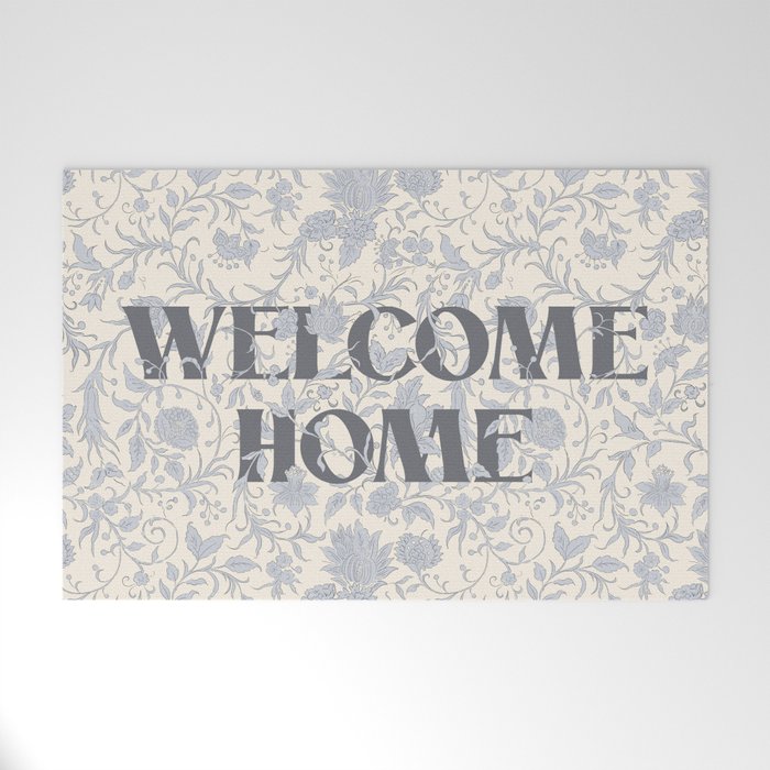 Hand Drawn Jacobean Floral - Blue Cream Welcome Mat Gallery Image 1