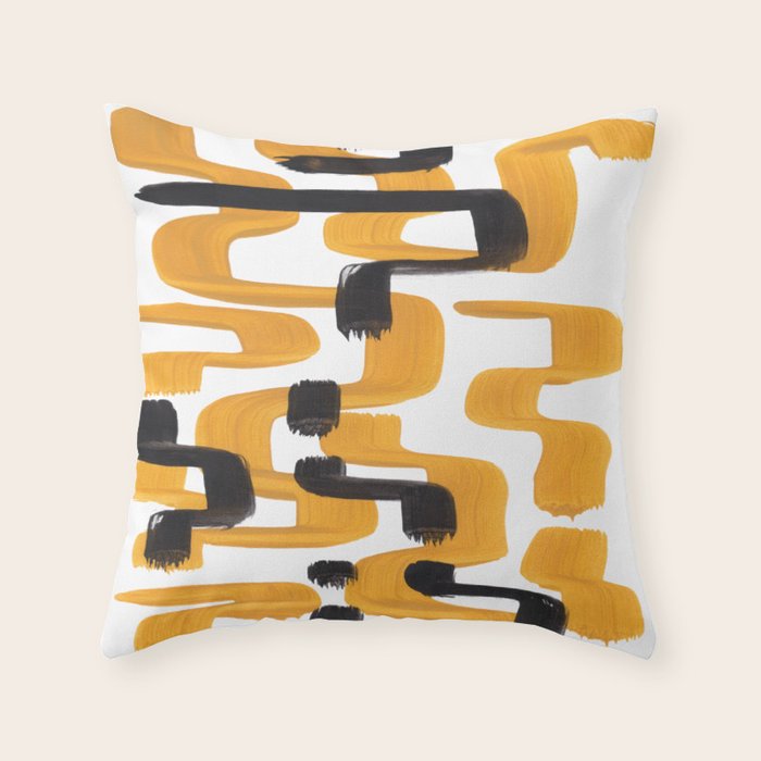 Mid Century Abstract Black & Yellow Fun Pattern 70's Mustard Ripples Lines Retro Style Throw Pillow Gallery Image 1