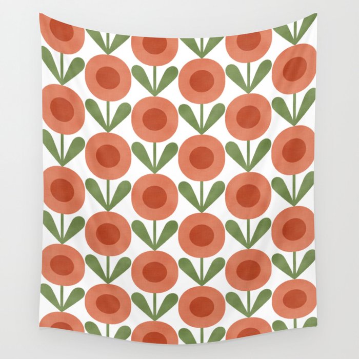 Mid Century Mod Flowers Terracotta  Wall Tapestry Gallery Image 1