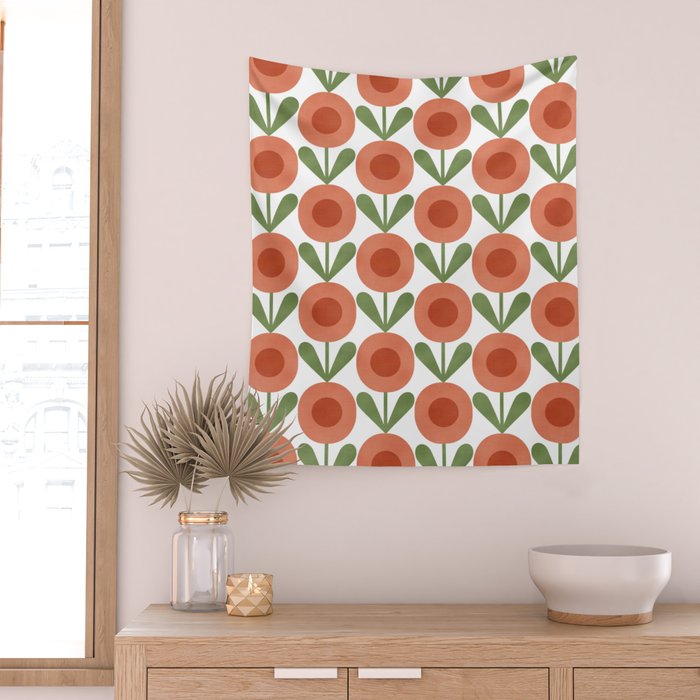 Mid Century Mod Flowers Terracotta  Wall Tapestry Gallery Image 2