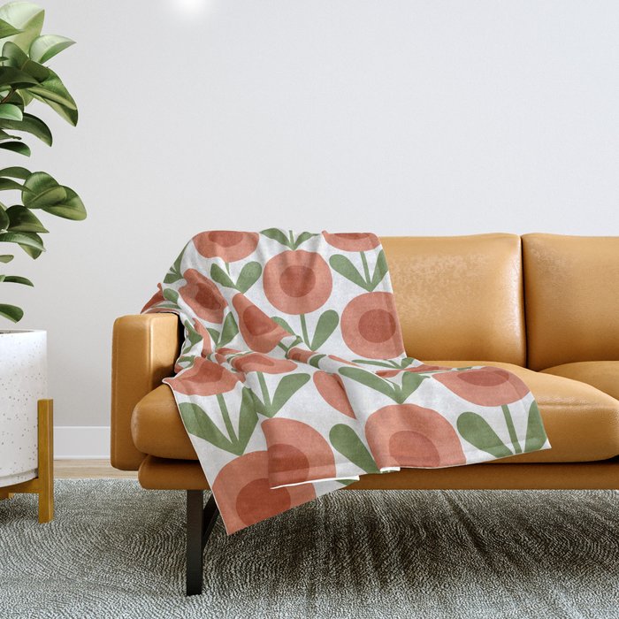 Mid Century Mod Flowers Terracotta  Throw Blanket Gallery Image 1