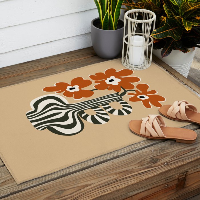 Retro flowerpot with stripe  Outdoor Rug Gallery Image 2