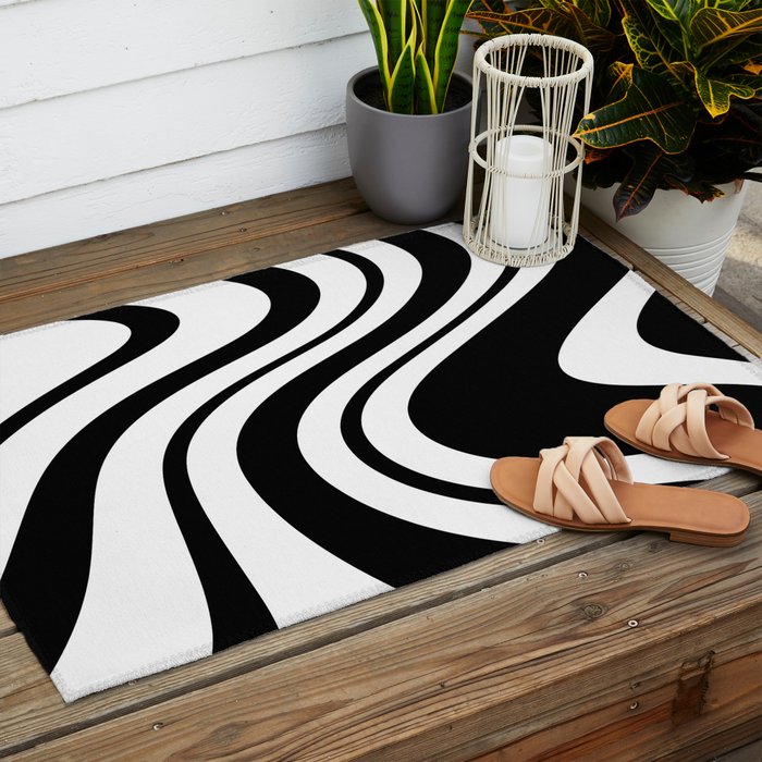 Swirl Marble Stripes Pattern (black/white) Outdoor Rug Gallery Image 2