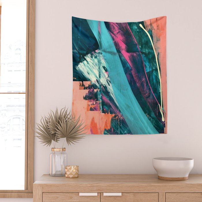 Wild [7]: a bold, colorful abstract mixed-media piece in teal, orange, neon blue, pink and white Wall Tapestry Gallery Image 2