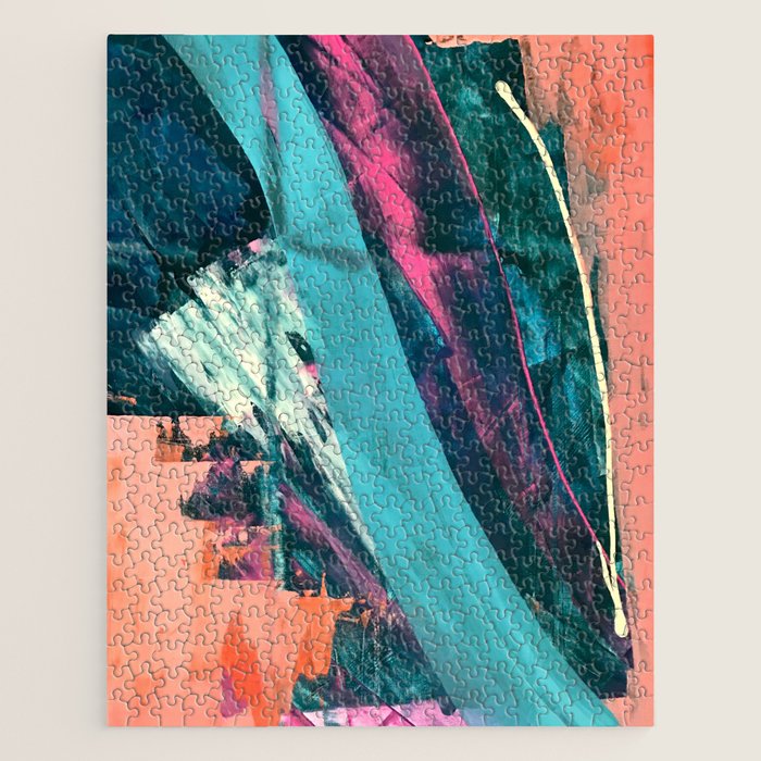 Wild [7]: a bold, colorful abstract mixed-media piece in teal, orange, neon blue, pink and white Jigsaw Puzzle Gallery Image 1