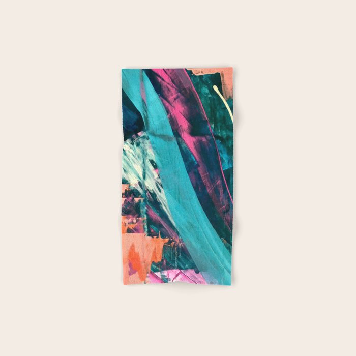 Wild [7]: a bold, colorful abstract mixed-media piece in teal, orange, neon blue, pink and white Bath Towel Gallery Image 1