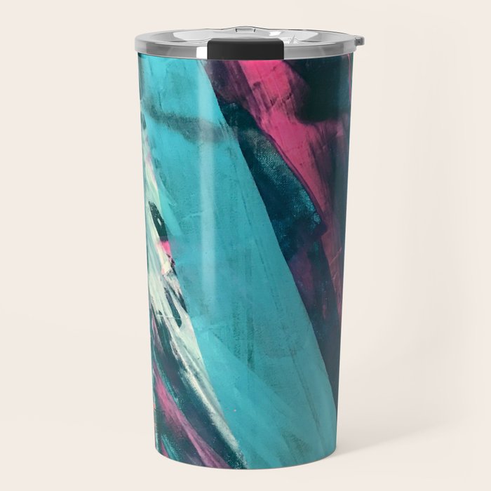 Wild [7]: a bold, colorful abstract mixed-media piece in teal, orange, neon blue, pink and white Travel Mug Gallery Image 1