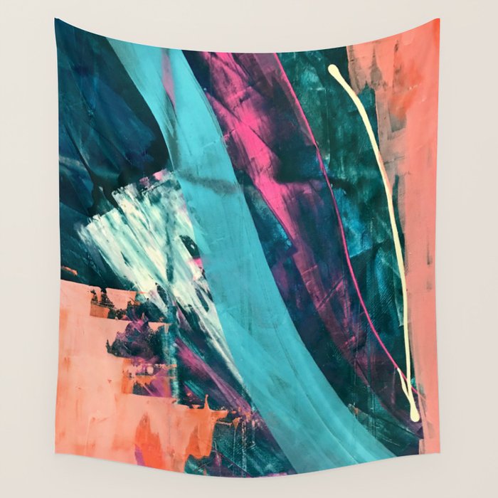 Wild [7]: a bold, colorful abstract mixed-media piece in teal, orange, neon blue, pink and white Wall Tapestry Gallery Image 4