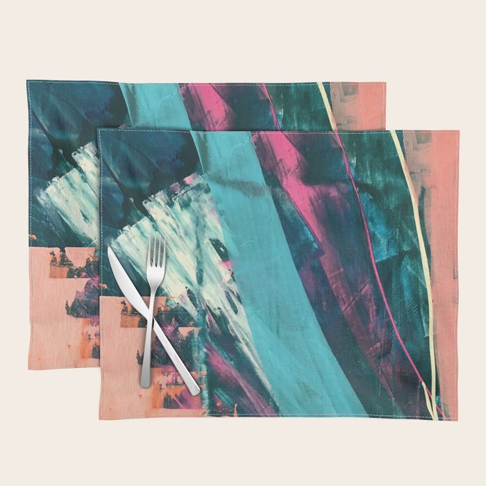 Wild [7]: a bold, colorful abstract mixed-media piece in teal, orange, neon blue, pink and white Placemat Gallery Image 1