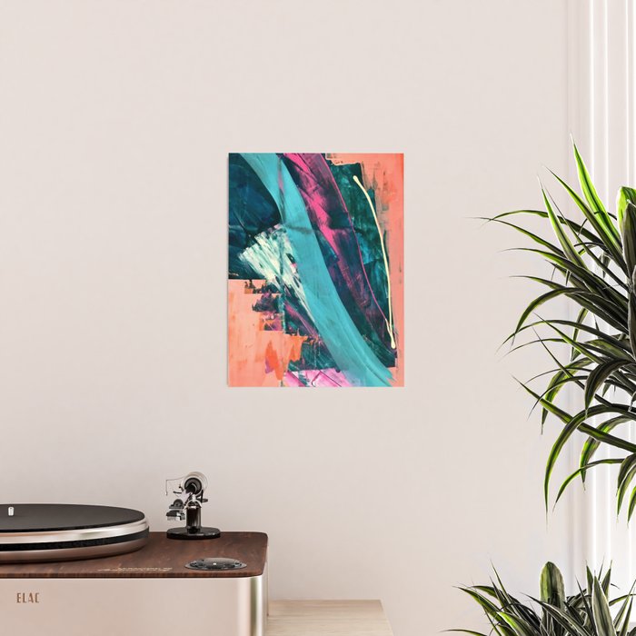 Wild [7]: a bold, colorful abstract mixed-media piece in teal, orange, neon blue, pink and white Poster Gallery Image 2