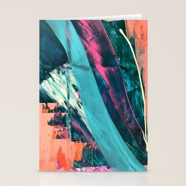 Wild [7]: a bold, colorful abstract mixed-media piece in teal, orange, neon blue, pink and white Stationery Card Gallery Image 1
