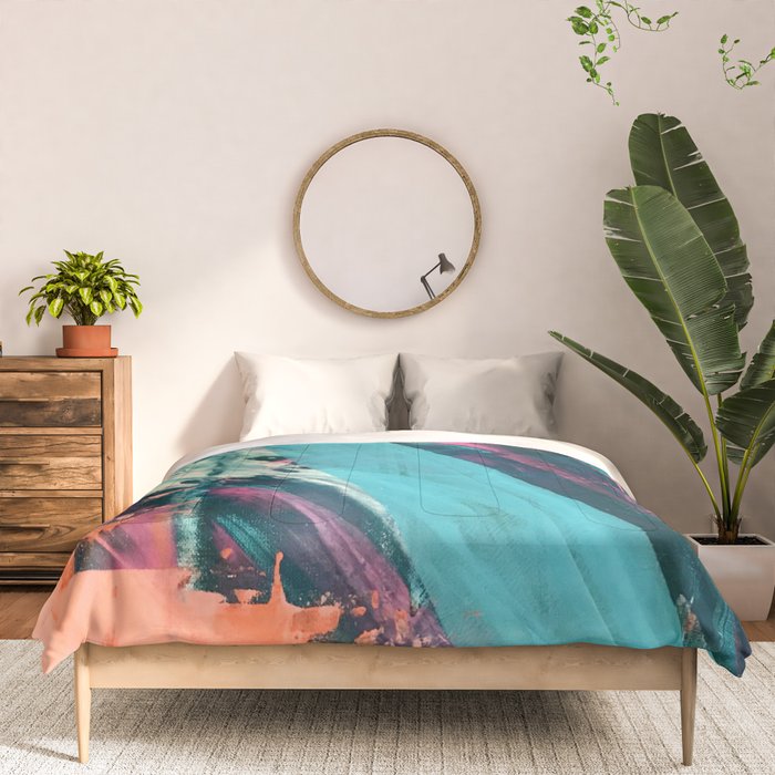 Wild [7]: a bold, colorful abstract mixed-media piece in teal, orange, neon blue, pink and white Comforter Gallery Image 3