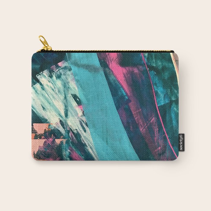 Wild [7]: a bold, colorful abstract mixed-media piece in teal, orange, neon blue, pink and white Carry All Pouch Gallery Image 1