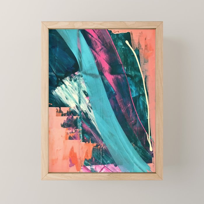 Wild [7]: a bold, colorful abstract mixed-media piece in teal, orange, neon blue, pink and white Mini Art Print Gallery Image 1